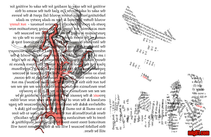 writing for the sake of reading for the sake of writing for the sake of sak&eacute; maybe I'm glad that the seams of this habitating/suffrage horror would fall apart & the leaves would flutter liberated & free as dada poetry as dada poets do poetry poetically recursive humour -  not funny man academic, not funny and i'm using punctuation now punctuation is using by me but not by me because the names of the street do not reflect the trees or the sky or the literature because the sky is a cross sectioned trap & the literature is a cross sectioned trap & letters & references & more bullshit why do I why is this necessary i am in the wrong place because i am of this world & the theory making it is not of this world so i am in the right place but the place is terribly wrong; the clown dances in paper shoes and & the ampersand making Cappelbaum feels so small that he does want to disappear & become the rainbow trout, the most beautiful fish in the ocean, but not this this is green tree nonsense because i am not here mechanics mechanics me chanics me me me me me me me me mechanics what is me to it (I) is prose to prosaic & the passaic & = ginsberg only wishing to be enclosed & the now of the now now now now now titles offshelves &&& the need to fill the page because the page is too small & too small & two ideas are too big (&& = there &/not/there/& not there who will come to the fore front of the meticulous green nonsense of the radically motivated trees trees trees bibliographical shoplifting & this bullshit because I will die & the goddamn trout will still be there.