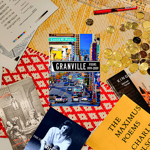 An image showing a copy of _Granville: 20th Aniversary Edition, Expanded & Revised_ on a red rug and a yellow rug, surrounded by: a typographical ruler, a red pen, a number of scattered brass coins that state "SEX" on one side and "NO CASH VALUE" on the other, papers, and copies of _Cannibals_ by Stanley Cooperman, _The Complete Poems of Anne Sexton_, _The Maximus Poems_ by Charles Olson, and _Kingsway_ by Michael Turner